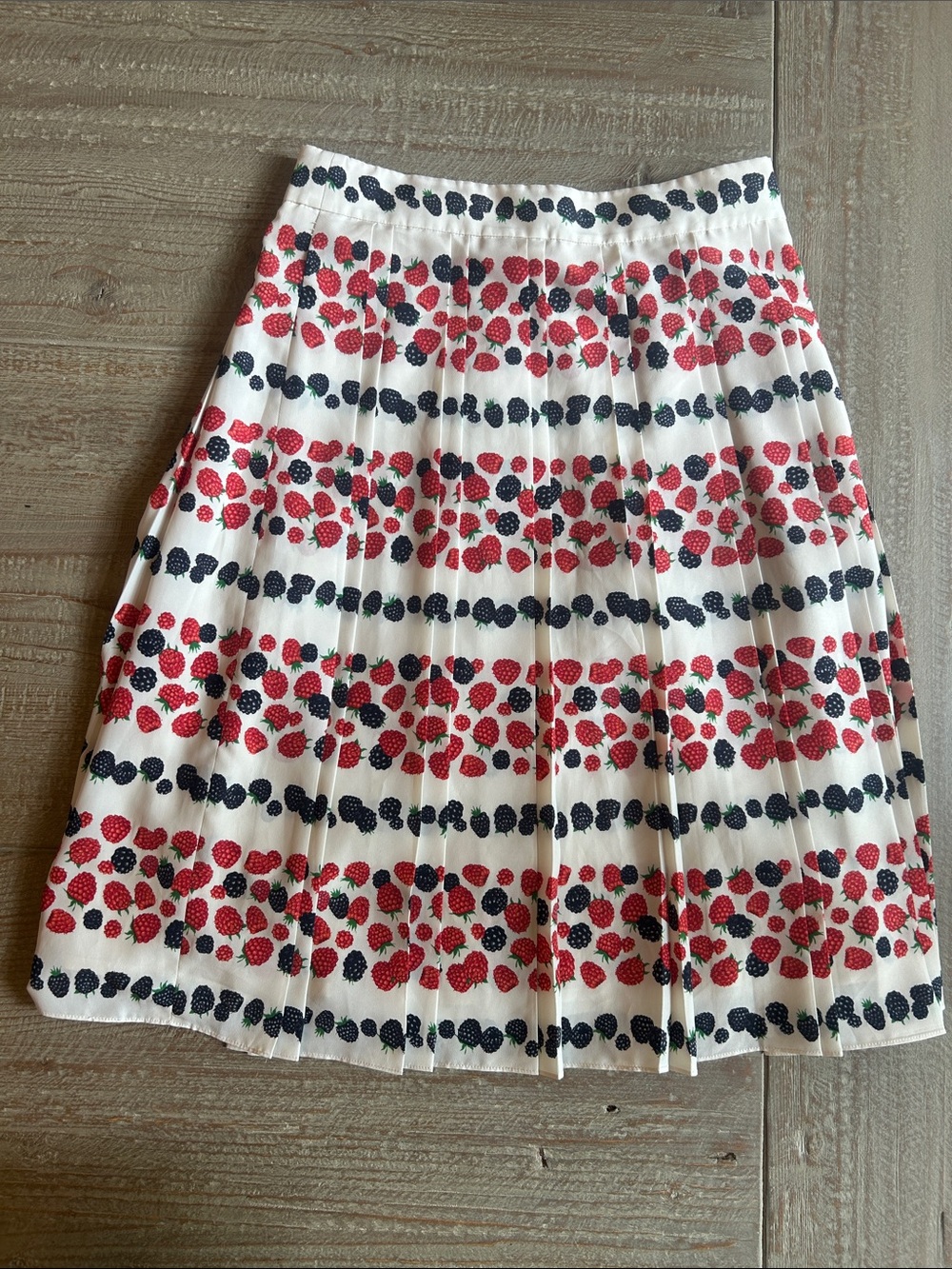 J. Crew White Pleated Skirt with Red & Navy Berry Print